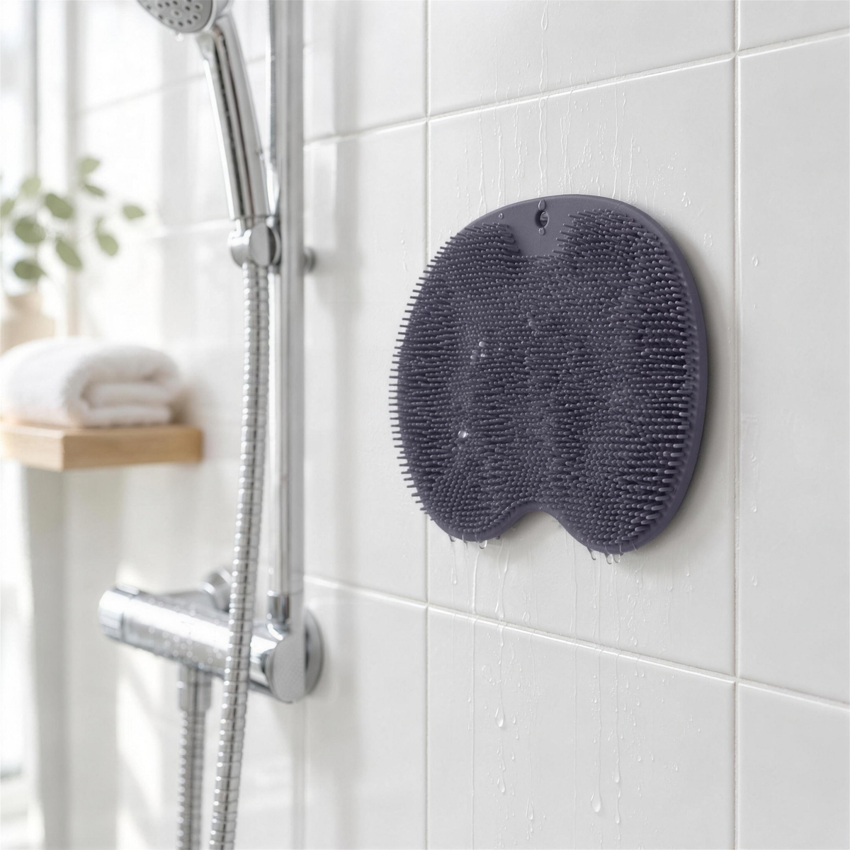 Lila fotskrubb fäst med sugkoppar på kaklad duschvägg